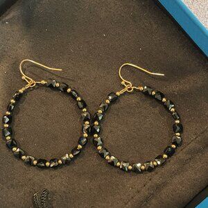 10K Over 925 Black Spinel Beaded Style Hoop Earrings - Brand New